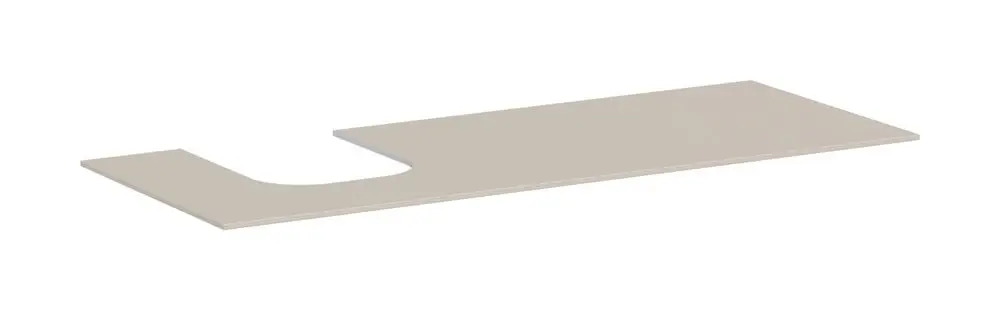 Graue Platte mit einer Aussparung auf der linken Seite, geeignet für die Montage eines Aufsatzwaschtischs. Produkt von Hansgrohe.